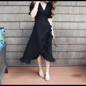 Ruffle Trim Short Sleeve Midi Dress black